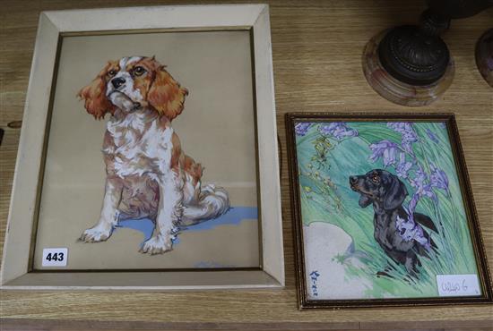 Kay Nixon, two watercolours, Portraits of a King Charles and a Dachshund, 34 x 28cm and 23 x 21cm